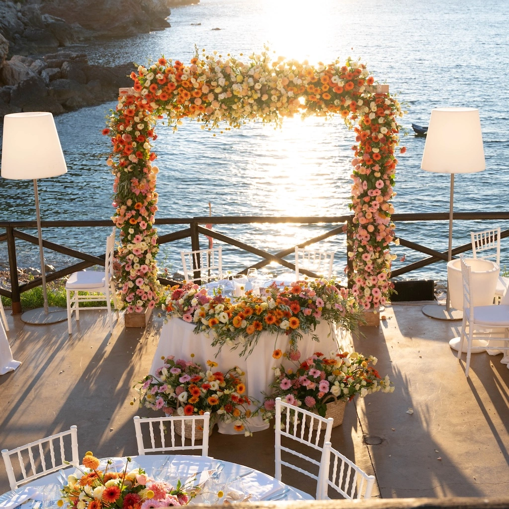 Installation et gestion d'un mariage sur le bord de mer : de l'idée à la réalisation en passant par l'organisation de l'événement, Mondello Hospitality a géré l'ensemble de l'événement pour une prestation clé en main jusqu'au jeté de pétales sur l'allé de la cérémonie avec une imposante arche fleurie avec en toile de fond la mer.